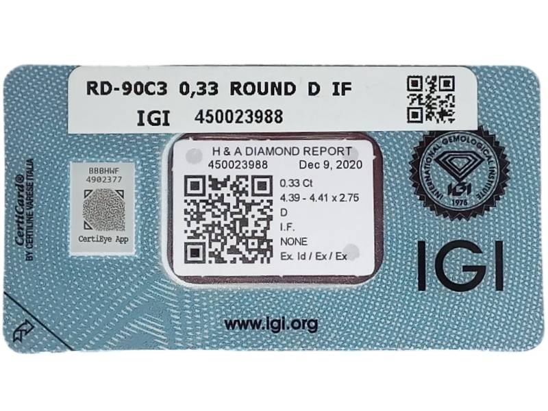 INVESTMENT DIAMOND IGI 0.33CT D IF